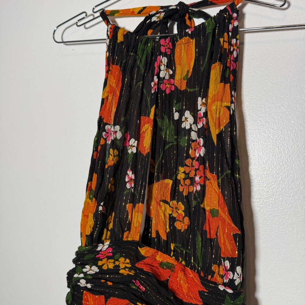 ASOS DESIGN Floral Halter Maxi Dress Black Gold Metallic Shimmer Open Back US 6 - Picture 7 of 10